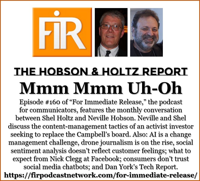 FIRpodcast's tweet photo. On #FIRpodcast 160 (also the Oct Hobson &amp; Holtz Report) @jangles &amp; @shelholtz discuss AI's change management implications, activist investors using content marketing, drone journalism, issues with social sentiment analysis, Clegg at Facebook, and more: https://t.co/vP5mLSuRrM https://t.co/rwC81EITJh