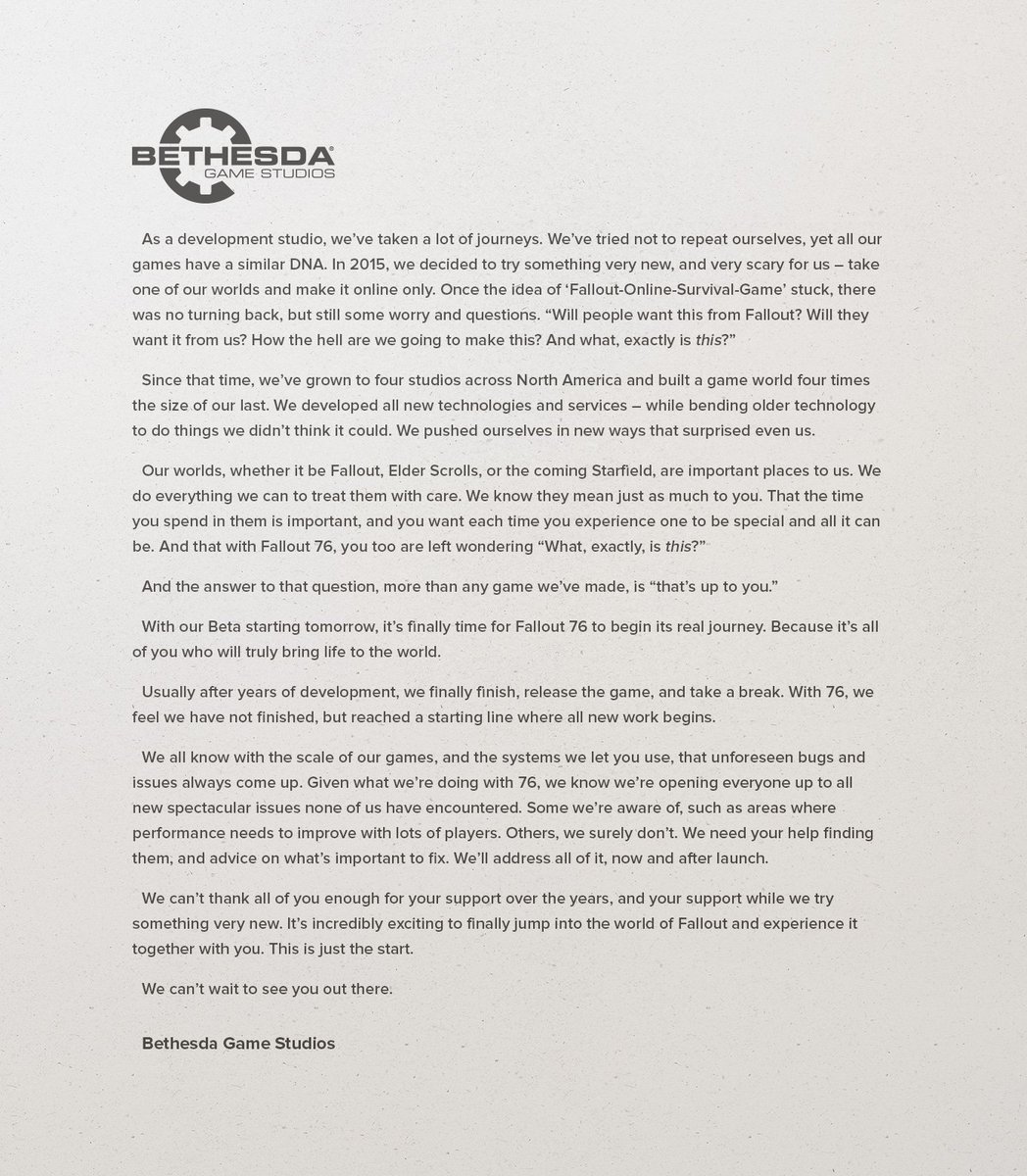 Bethesda предупредила, что на релизе в Fallout 76 будут баги