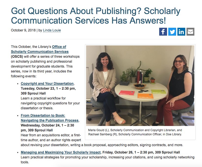 UC Berkeley Scholarly Comm & Information Policy (@ucb_scholcomm) on Twitter photo Grad students <a href="/UCBerkeley/">UC Berkeley</a>! Join us this week for publishing & prof dev workshops on copyright, going from dissertation to book, and maximizing research impact. Thanks to <a href="/GradDivision/">UC Berkeley Graduate Division</a> for the nice write-up: ucblib.link/oct-publishing… #scholcomm #OAWeek2018 Grad students <a href="/UCBerkeley/">UC Berkeley</a>! Join us this week for publishing & prof dev workshops on copyright, going from dissertation to book, and maximizing research impact. Thanks to <a href="/GradDivision/">UC Berkeley Graduate Division</a> for the nice write-up: ucblib.link/oct-publishing… #scholcomm #OAWeek2018
