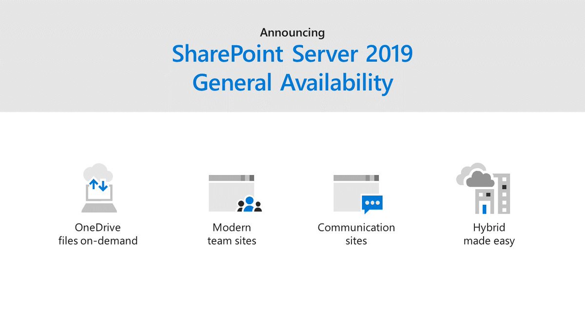 SharePoint's tweet image. Announcing General Availability of #SharePoint Server 2019! techcommunity.microsoft.com/t5/Microsoft-S…