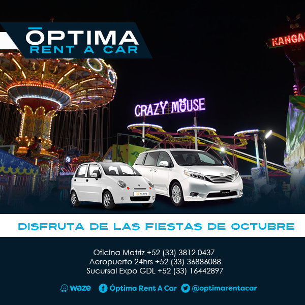 optimarentacar's tweet image. ¡No pierdas tiempo! y disfruta de todas las atracciones que tienen las Fiestas de Octubre en la perla tapatía. Elige tu auto o camioneta en #ÓptimaRentACar y #MuéveteSinLimites. 
Oficina Matriz +52 (33) 3812 0437 
Aeropuerto 24 hrs +52 (33) 36886088
Expo GDL +52 (33) 16442897