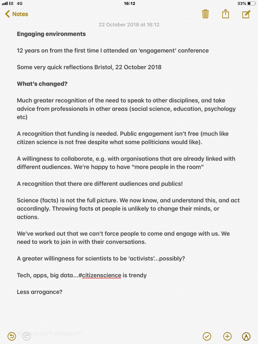BarnabySmithUK's tweet image. Early, personal, reflections from today’s excellent #EngagingEnvironments meeting Bristol...on how the ‘sector’ has moved on over the last 12 years.

Thank you to @NCCPE &amp;amp; @NERCscience for inviting me and @BumblebeeTrust for allowing me to go and see the academics for a day!