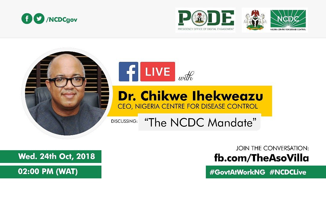 DotunRoy's tweet photo. Join the conversation on Wednesday 24 October as the CEO, Nigeria Centre for Diseases Control, Dr Chikwe Ihekweazu will be live on facebook at https://t.co/7zgPGSUcco
You can also join the conversation via #GovatWorkNG or #NCDClive https://t.co/Je3JMHtW1v