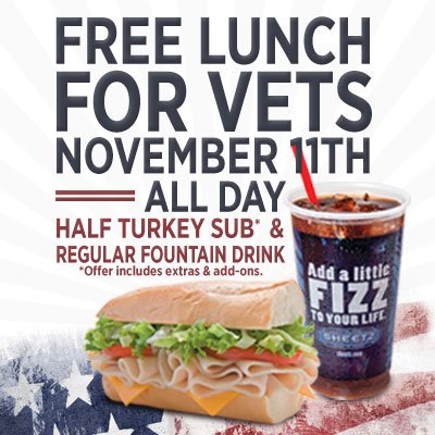 sheetz's tweet photo. We salute you, Veterans! Enjoy lunch on us.
#VeteransDay https://t.co/jwcfZrihze