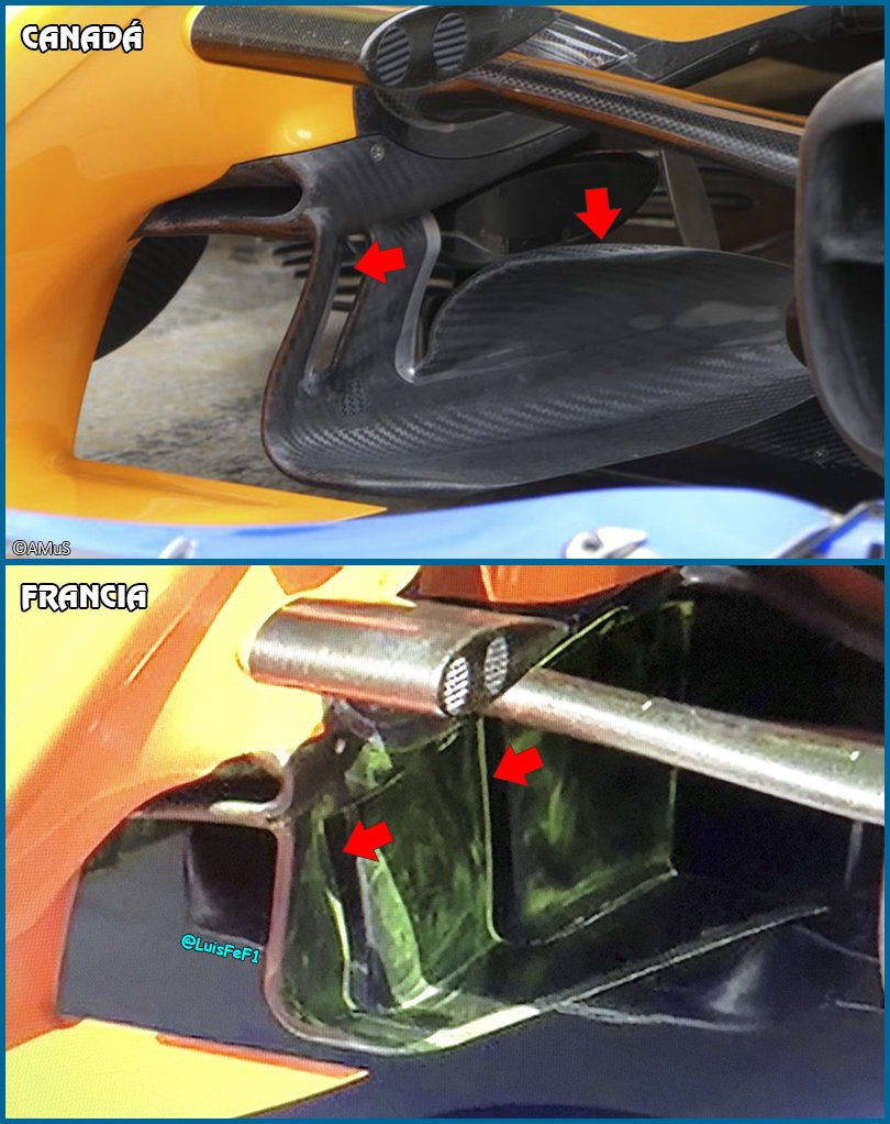 LuisFeF1's tweet photo. #TechF1 Además del morro sin aletas laterales (blanco) @McLarenF1 estrenó nuevas turning vanes (basadas en las probadas en Francia) de 3 elementos (rojo) con corte longitudinal en parte inferior (verde) y par de refuerzos (azul) para evitar roturas.
#F1 #USGP #TechF12018 https://t.co/8kvCcVAfzy