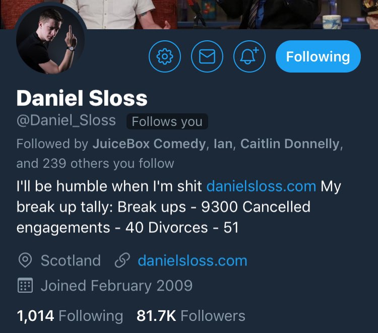 RyanCullen90's tweet photo. Without context, @Daniel_Sloss bio makes it look like he’s a had a very rough love-life https://t.co/bppQFp6grT