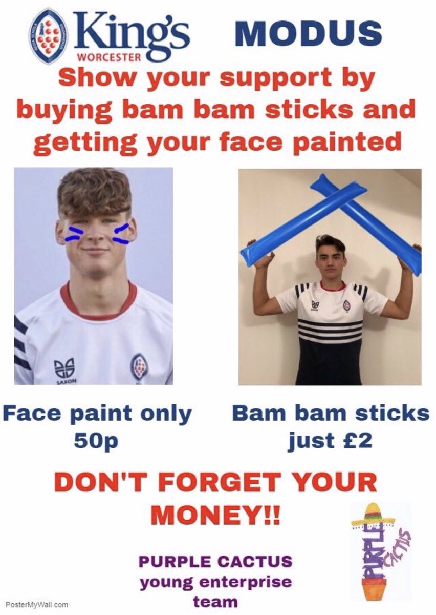 purplecactusye's tweet photo. Show your support for KSW by buying Bam Bam sticks or getting your face painted at modus! we will be selling Tuesday after school and Wednesday from 5:30 at SixWays 🎉🎉🎉🎉#ModusChallengeCup #ModusCup #modus2018 @NinedotsRugby @KingsWorcester @Kings_SixthForm https://t.co/A8kt3EUwdN