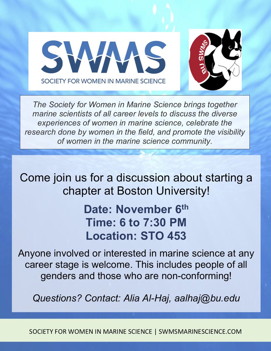 Hey <a href="/BUEarth/">Boston University, Earth & Environment</a> <a href="/BU_Biology/">BU Biology</a> <a href="/BUMPatBU/">BU_MarineProgram</a>! Interested in joining a community of incredible marine scientists? Come learn about starting a <a href="/BU_Tweets/">Boston University</a> <a href="/SWMStweets/">SWMS</a> chapter on Nov. 6th! <a href="/uriswms/">URI SWMS</a> <a href="/FulweilerLab/">Fulweiler Lab</a> @DaviesswPhD <a href="/RandiRotjan/">Dr. Randi Rotjan</a> <a href="/aalhaj_CNP/">Alia Al-Haj</a> <a href="/bebenson9/">Brooke Benson</a> @gjmmcc98