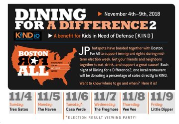 supportKIND's tweet photo. In 2 weeks, @BostonForAll1 will be kicking off their #diningforadifference week alongside some of Jamaica Plain's most delicious restaurants. Kick off will be @TresGatosJP &amp; part of the proceeds from each participating location will go to KIND. Info below! #GivingKINDness #Boston https://t.co/8B590yhCNB
