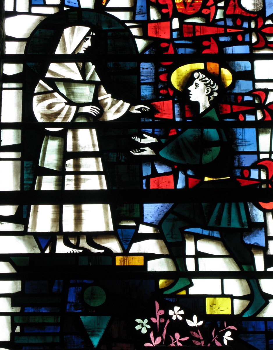 #MidCenturyModern oh yes! The confidently graphic #StainedGlass of #HarryStammers, with distinctive leading and #glasspainting skills. A detail of his 1959 St Anselm window at Canterbury Cathedral @No1Cathedral @ArtGuideAlex @C20Society