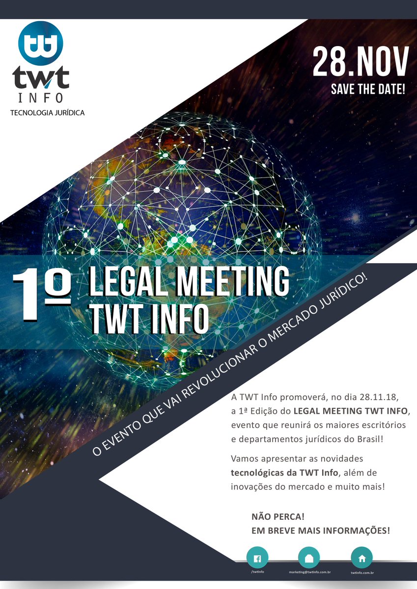 twtsoftware's tweet image. Prepare-se!
 Vem aí o evento que vai revolucionar a área jurídica!
Reserve na sua agenda o dia 28.11.18
Estamos programando o evento que vai transformar sua forma de trabalho na área jurídica!

Aguarde. Em breve mais informações!

#TWTInfo #1ºLegalMeetingTWTINFO #evento