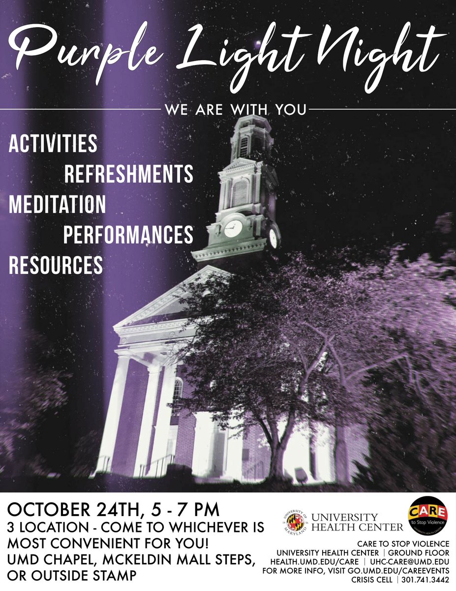 DiverseTerps's tweet photo. Purple Light Night 2018 is an event to honor victims and survivors of relationship violence during Domestic Violence Awareness Month
It will be this Wednesday, October 24th, 2018, 5-7 PM in 3 Locations! UMD Chapel, McKeldin Mall Steps, and Outside STAMP https://t.co/By5GxMctbu