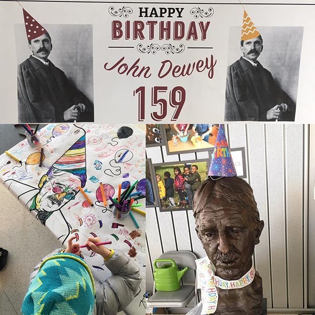 DaysinEdTech's tweet photo. Happy Birthday John Dewey! Students and teachers celebrated with chocolate covered pretzels, singing and decorating a banner. #eshlab https://t.co/KJ7aRKPmay https://t.co/fc6pMfgutJ