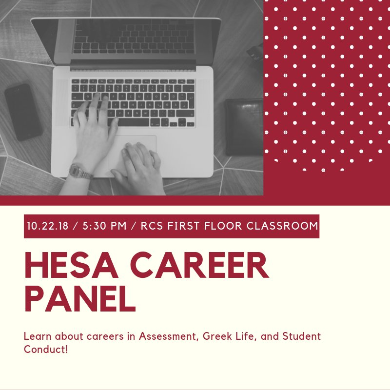 Want to learn about some interesting career options for life after grad school? Join HESA for our career panel tonight at 5:30pm in the Ridgecrest South First Floor Classroom!