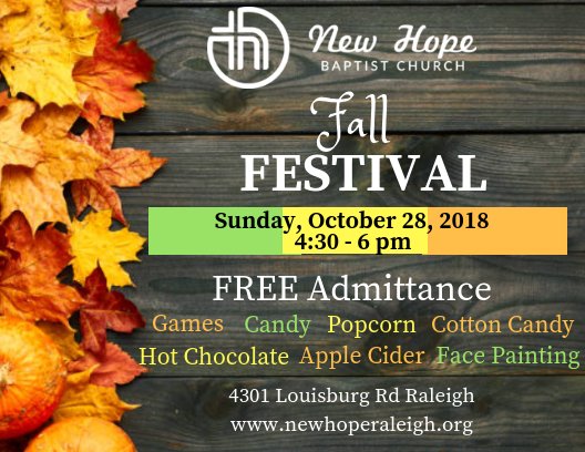 NewHopeRaleigh's tweet photo. Happy Monday Everyone! Be sure to mark your calendars for our Community Fall Festival on Sunday, October 28, from 4:30-6 p.m. We hope to see you there!#NewHopeRaleigh #FORWake https://t.co/m9RVnqatGq