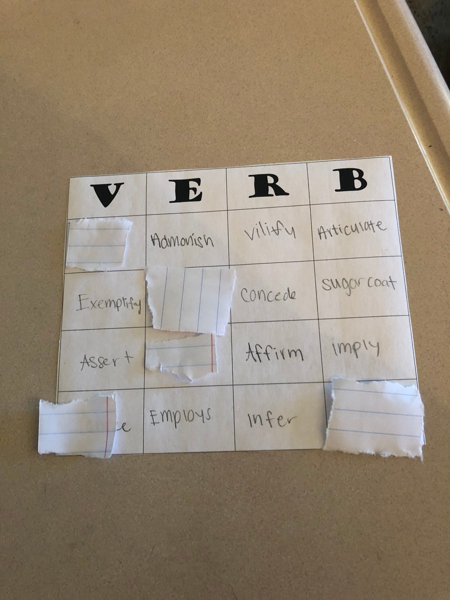 HarrisonHowar15's tweet photo. Power Verb Bingo! The kids love being competitive!  Clue's using definitions, synonyms, and fill-in-the-blank sentences. Motivating kids to use the power verbs!  High expectations = high impact results!  #buildingchampions @CIECCSD @CVHSGrizzlies @CharletteSLP @gray_l2 https://t.co/AEjEEg2OeU