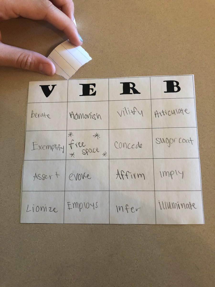 HarrisonHowar15's tweet photo. Power Verb Bingo! The kids love being competitive!  Clue's using definitions, synonyms, and fill-in-the-blank sentences. Motivating kids to use the power verbs!  High expectations = high impact results!  #buildingchampions @CIECCSD @CVHSGrizzlies @CharletteSLP @gray_l2 https://t.co/AEjEEg2OeU