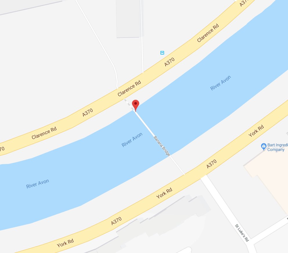 The Langton Street Bridge is a Grade II-listed footbridge build in 1883 that links Clarence Road and York Road. Due to its shape and colour, it is commonly referred to as Banana Bridge; this nickname is so popular that even <a href="/googlemaps/">Google Maps</a> uses it. #Bristol #BristolFacts