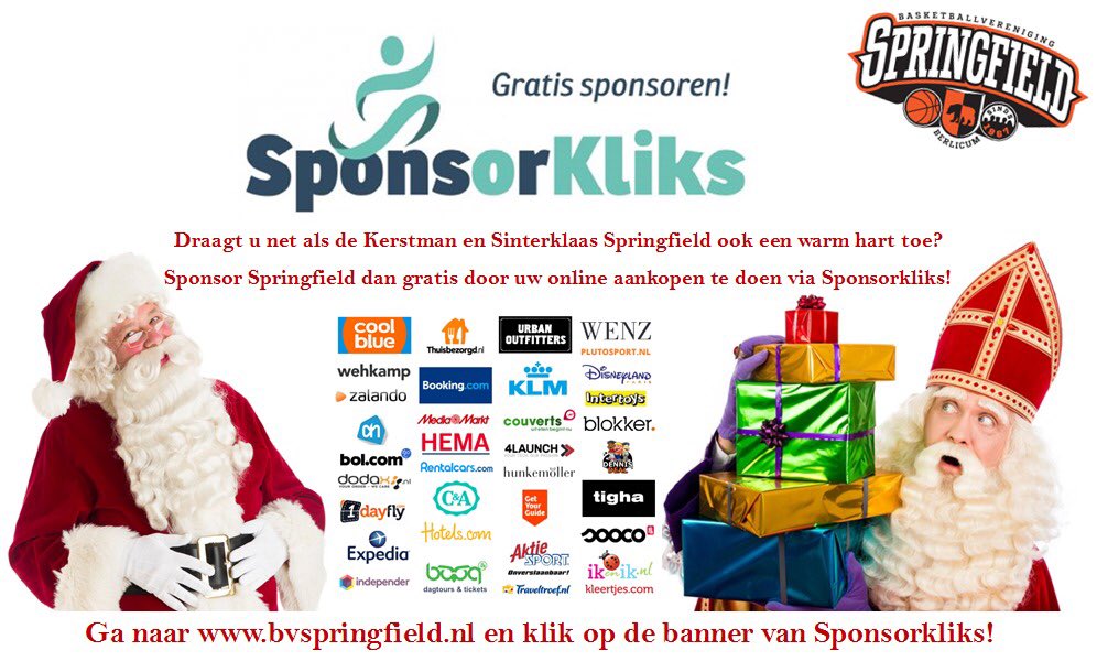 bvspringfield's tweet photo. Springfield gratis sponsoren? Het kan, klik hieronder op de banner van Sponsorkliks. 
https://t.co/x6VXqE2uzf 
Hier kun je tal van online webshops kiezen, waar je je online aankopen kunt doen. Het kost niks en je sponsort Springfield direct! 🙂 #derunlive #sinterklaas #berlicum https://t.co/VOM5OAfysG