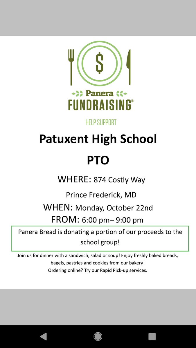 Please come out to Panera Bread in Prince Frederick TONIGHT (10/22/18) and support the PTO's fundraising event. Panera has agreed to donate 10% of all proceeds to the Patuxent High School Parent Teacher Organization. 😊