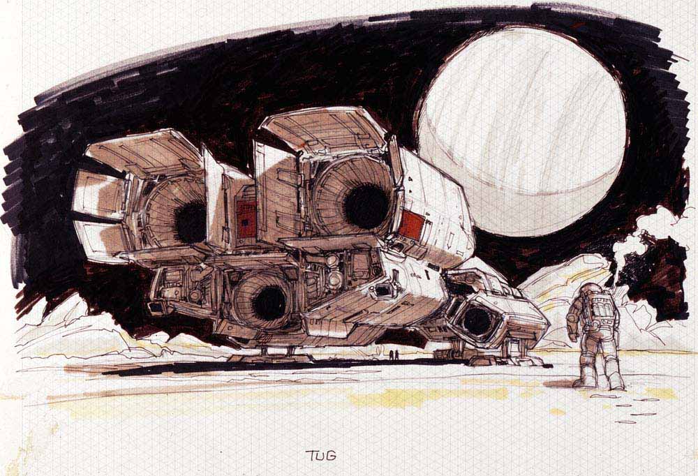 you can start to recognize some of the shapes lines of the Nostromo here, the cramped cockpit design, or the bow window where ash supervises the expedition.