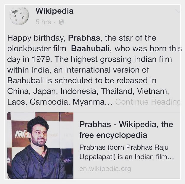 HUNTER__SINGH's tweet photo. SRK and prabhas are the only  indian actors who got Birthday wishes from Wikipedia .

#10DaysForSRKDay 

#HappyBirthdayPrabhas https://t.co/Qxm1rIAwKc