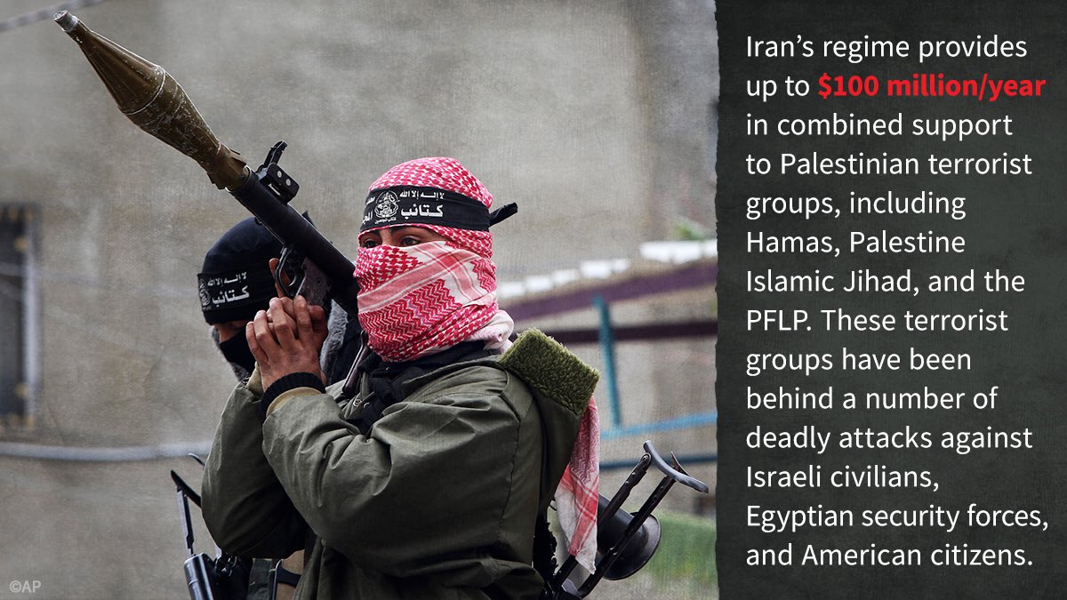 StateDept's tweet photo. #Iran’s regime provides up to $100 million/year to the Palestinian terrorist groups. Imagine how many Iranian people’s salaries the regime could fund with all that money. https://t.co/IUUup0d4sF