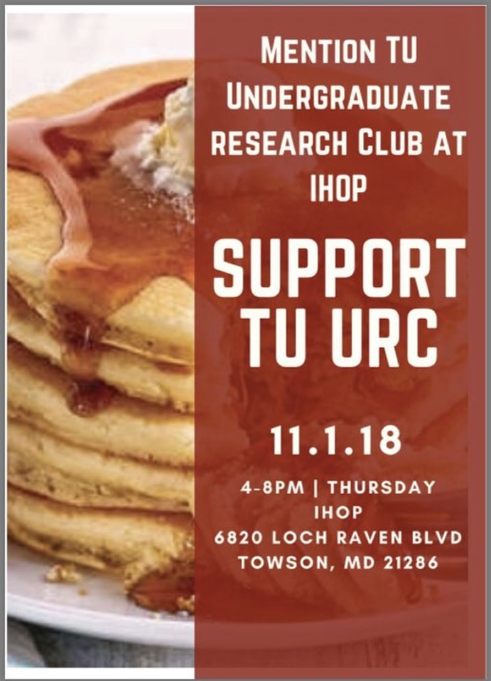If you like pancakes and research help support URC! Mention TU undergraduate research club at IHOP  from 4-8 pm on Thursday November 1st! Link here to RSVP: groupraise.com/events/76022