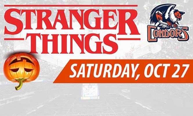 hot941's tweet image. Win tickets all week for @Condors game this Saturday Night! It’s #strangerthings night so dress up in your best 80’s gear and trick or treat in the suites with #hot941 #bakersfieldcondors