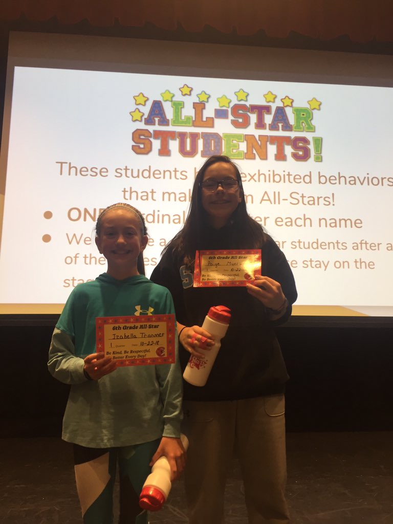 Two of our 6th grade Lady Cards were selected as 'All-Star Students' for the first quarter! Way to go Paige and Izzie!