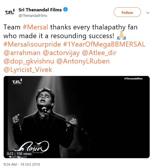 georgeviews's tweet photo. In case of Vijay, Mersal producer acknowledged #1YearOfMegaBBMERSAL. Kaththi producer acknowledged #4YearsofBlockbusterKaththi. Have any of the #Ajith movie's producer ever talked about the success of his movie? https://t.co/xE7BIe0kvX