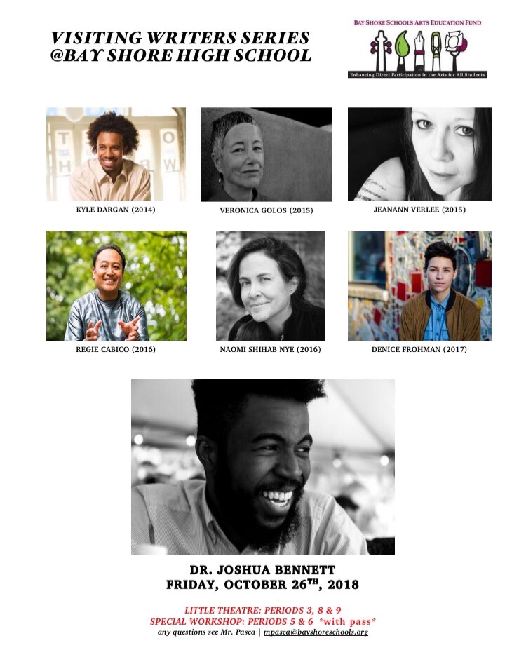 bshswriterblock's tweet photo. This Friday! The Visiting Writers Series @BayShoreHS returns with the amazing @SirJoshBennett 🙌🏽 thanks to the #bssaef &amp; @BayShoreSD_ELA for their support! #writers #writing #arts @BayShoreSchools https://t.co/mgF9FlptlT