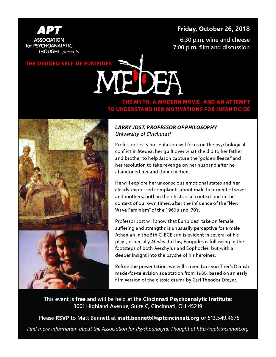 Reminder - The Divided Self of Euripides' Medea, Professor Larry Jost, on Friday, October 26 at 6:30pm - mailchi.mp/c1c637fe54d4/j…