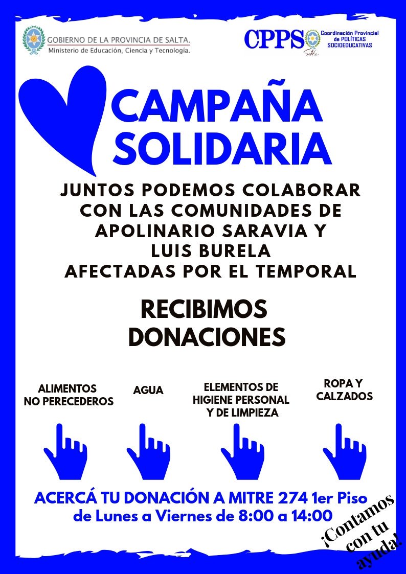 💙CAMPAÑA SOLIDARIA💙

Juntos podemos colaborar con las comunidades de Apolinario Saravia y Luis Burela.
👉 Podés acercar tu donación a Mitre 274 1er piso de lunes a viernes de 8:00 a 14:00 hs.

👉¡Contamos contigo!👈

<a href="/aniberruezo/">analia berruezo</a> <a href="/UrtubeyJM/">Juan Manuel Urtubey</a> <a href="/fguillesaavedra/">GUILLERMO SAAVEDRA</a> <a href="/patriciapinasco/">Patricia Pinasco</a>