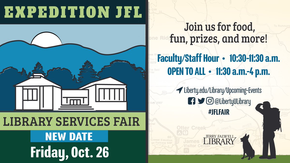 LibertyULibrary's tweet photo. The Library Services Fair is this Friday! Stop by the JFL between 11:30 a.m-4 p.m.! (Faculty/Staff hour 10:30-11:30) It should be fun and informative; plus, you can get a JFL t-shirt, swag, and could win a great Visa gift card! https://t.co/ZpNL5sMC5X https://t.co/p1QHB2duD3