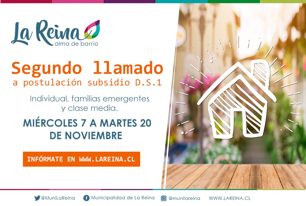 ¡Atención vecinos! Ya está abierto el 2do Llamado a Postulación del Programa Sistema Integrado Subsidio Habitacional, regulado por el D.S. N° 1.

Lugar de postulación: Unidad de Vivienda (Av. Alcalde Fernando Castillo Velasco 8580 - Oficina 2).

¡Detalles! lareina.cl/index.php/slid…