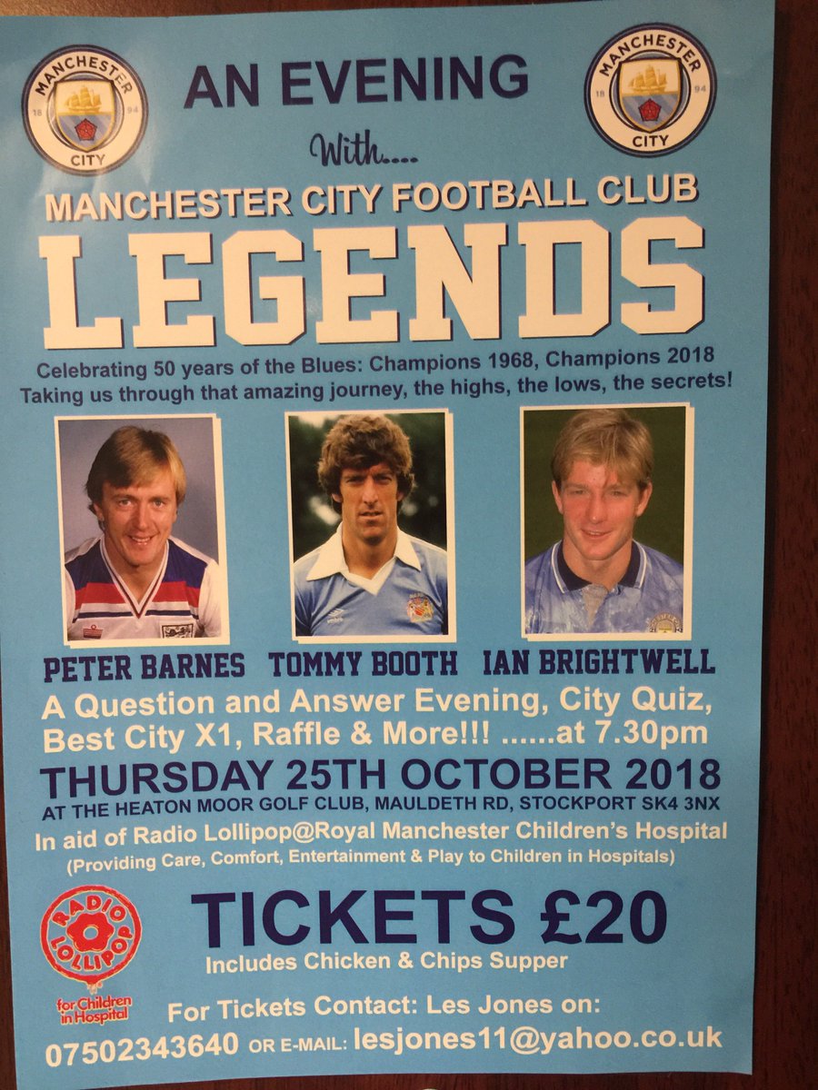 HeatonMoorGC's tweet photo. An Evening with Manchester City legends at #HMGC this Thursday, 25th October in aid of Manchester Children’s Hospital. Book your tickets now 👍 https://t.co/6OiFEnvZgV