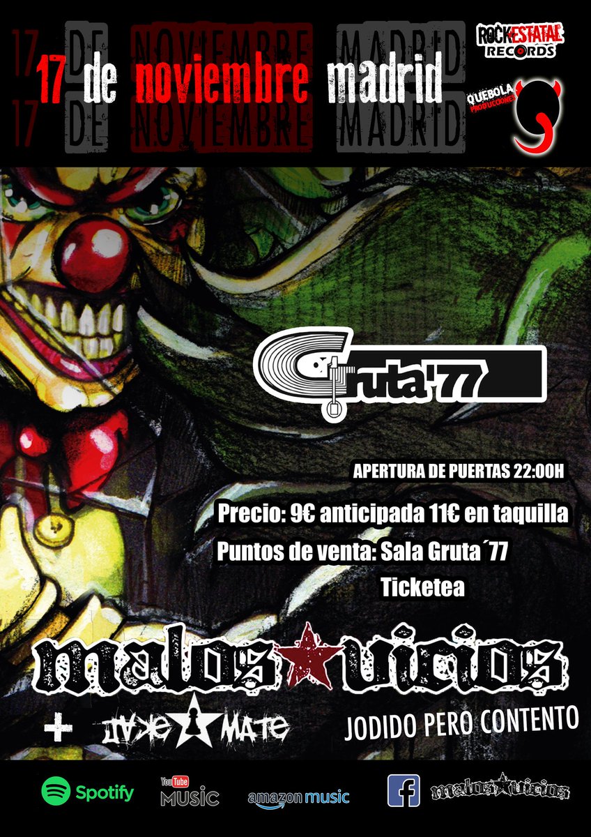 jakematerock's tweet photo. @Malos_Vicios + @jakematerock
Sala @gruta77madrid
17 noviembre a las 23.00
9€ anticipada/11€ taquilla
https://t.co/ayiUrgkVU1
#rock #punkrock #conciertos #gruta77 #malosvicios #jakematerock #madrid #endirecto https://t.co/0xvKOvCKxJ