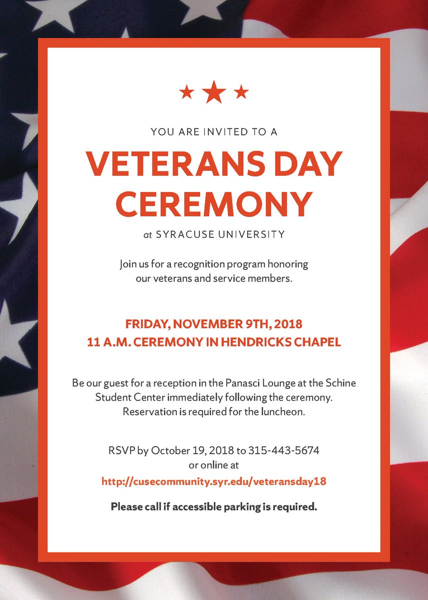SyracuseOVMA's tweet photo. Syracuse University's #VeteransDay Ceremony will be held on Friday, Nov. 9th at 11 a.m. @ Hendricks Chapel on campus. RSVP to join us: https://t.co/1RCbThqTvk #VeteransDaySU #BestPlaceForVeterans @SyracuseU @IVMFSyracuseU @SUVetsAffinity @SUStudentVets @SUAlums @SyracuseUNews https://t.co/uQeWVi2HUs