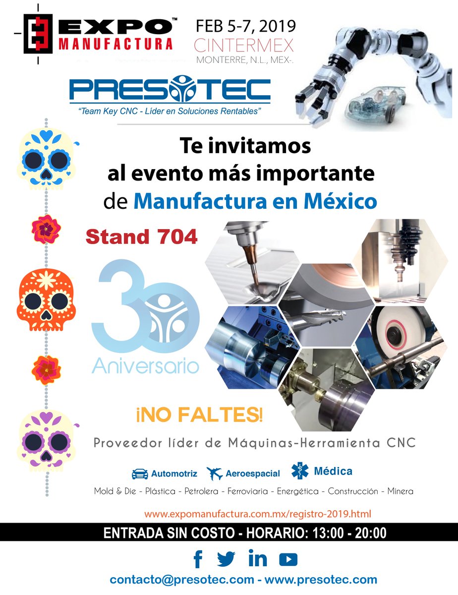 presotec's tweet photo. #Presotec lo invita a éste magno evento próximamente #ExpoManufactura2019 Feb 5-7 2019 Stand 704 Cintermex Monterrey, N.L., Mex. #teamkeycnc #líderensolucionesrentables https://t.co/IhS4zJnKnf