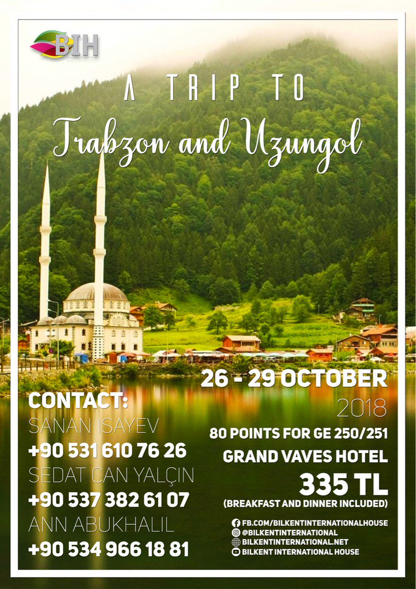 BIH presents Trip to Trabzon &amp; Uzungol! This weekend! 26-29 October 2018. 

Price: 335 TL incl. breakfast, dinner &amp; transport, 

Trip registration form: goo.gl/forms/gXZmpegs…