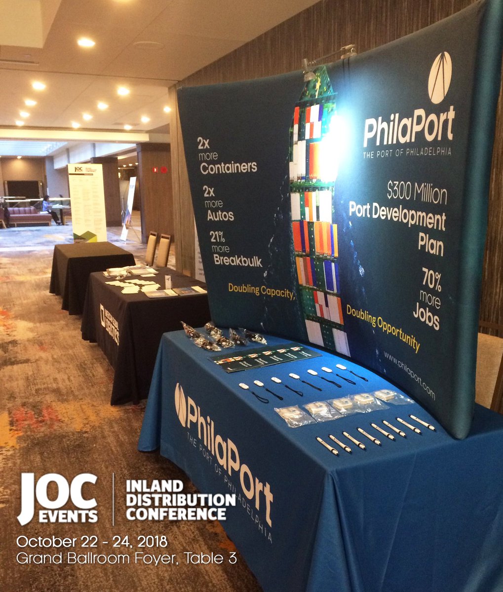 PhilaPort's tweet photo. We're all set up at @JOC #Inland2018 Conference!
Don't forget to stop by the #PhilaPort table to chat with Dominic & Greg about why you should #ShipPhillyFirst! https://t.co/5qoX113Ur3