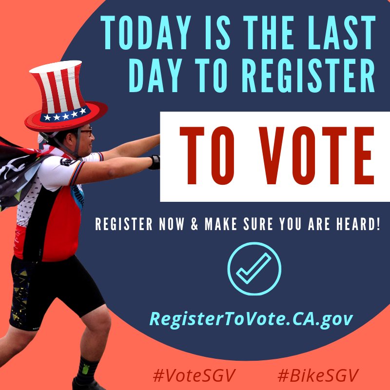 ActiveSGV's tweet photo. TODAY Monday 10/22 is the LAST DAY to register to vote for the November 6, 2018 midterm election! You've got until 11:59pm tonight to do so online here: https://t.co/14LX5nDECO 🗳️🇺🇸😀
#VoteSGV #VoteCalifornia https://t.co/jCXl66QdLZ