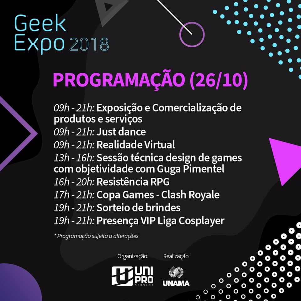 PupunhaPop's tweet photo. Confira a programação da #GeekExpo2018 divulgada pela organização. 
Saiba mais sobre o próximo evento para os nerds de Belém!

▶️https://t.co/SUQ5T7g9qv https://t.co/fXAXcQtdD0