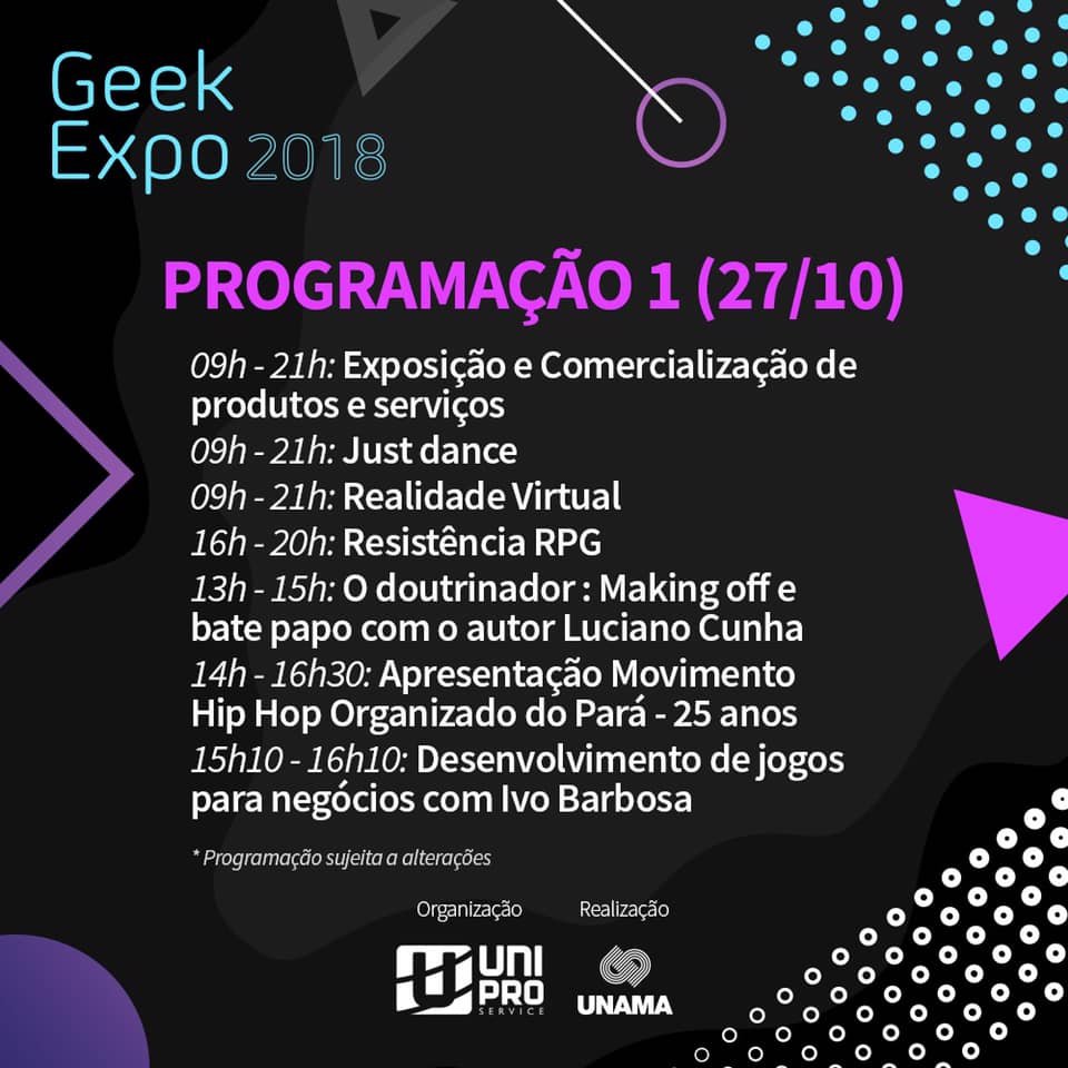 PupunhaPop's tweet photo. Confira a programação da #GeekExpo2018 divulgada pela organização. 
Saiba mais sobre o próximo evento para os nerds de Belém!

▶️https://t.co/SUQ5T7g9qv https://t.co/fXAXcQtdD0