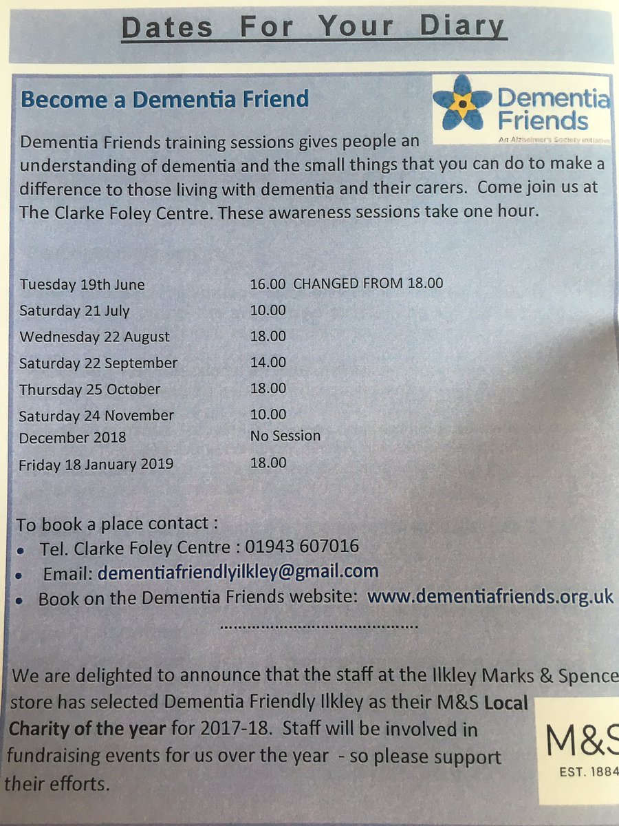 Still time to book on our dementia friends information session on Thursday at 18:00 details below. Hosted by dementia champion Alice Wild.