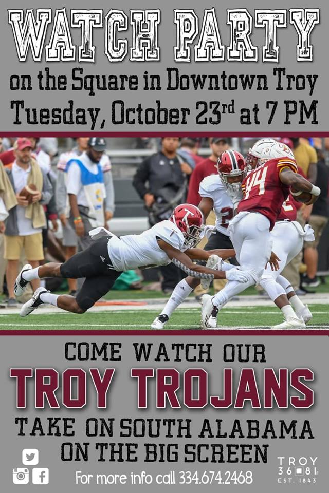Who's ready to WATCH our TROJANS take on South Alabama on the BIG SCREEN in Downtown Troy?! WE ARE! See you at game time! #36square81 #downtowntroyalabama