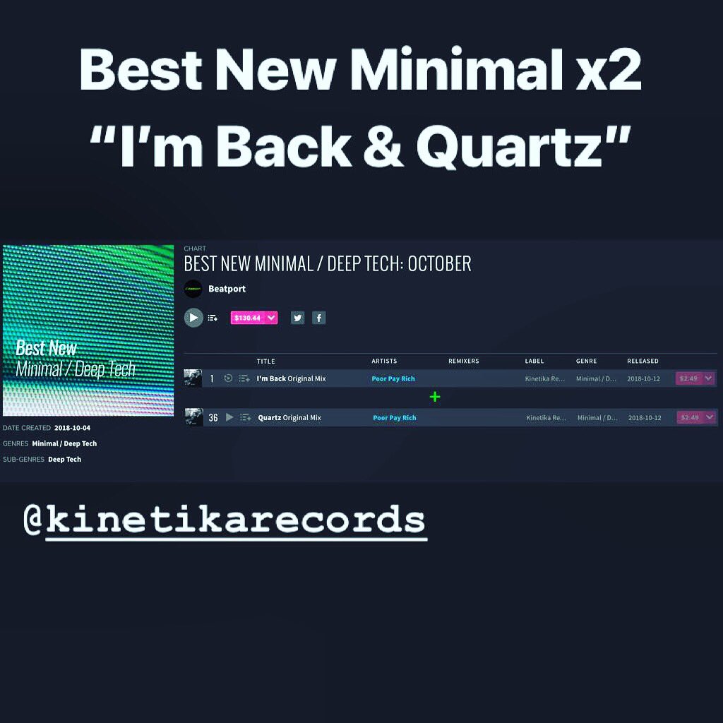 poorpayrich's tweet photo. Both tracks from my "I'm Back" EP on @kinetikarecords are now in @beatport Best New Minimal / Deep Tech October Chart (Quartz & I'm Back) πβ€οΈ Always nice getting support from them!!
#poorpayrich #MondayMotivation #kinetikarecords https://t.co/eestsx6dI0