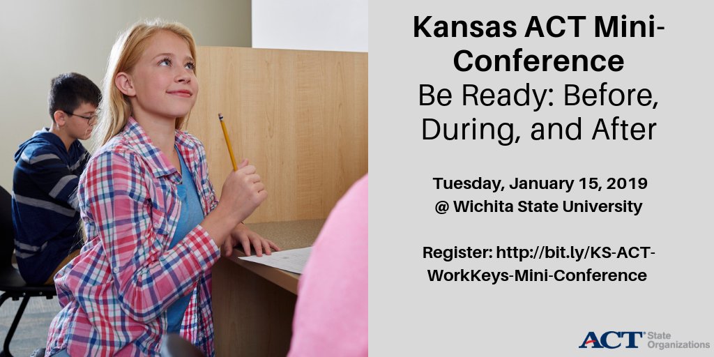 Savanah_Schott's tweet image. The KS statewide @ACT &amp;amp; #WorkKeys testing is coming up in February! Join me at the Kansas ACT Mini-Conference on January 15 at @WichitaState to learn what you need to know before, during, and after test administration. Help your students thrive! Register: bit.ly/KS-ACT-WorkKey…