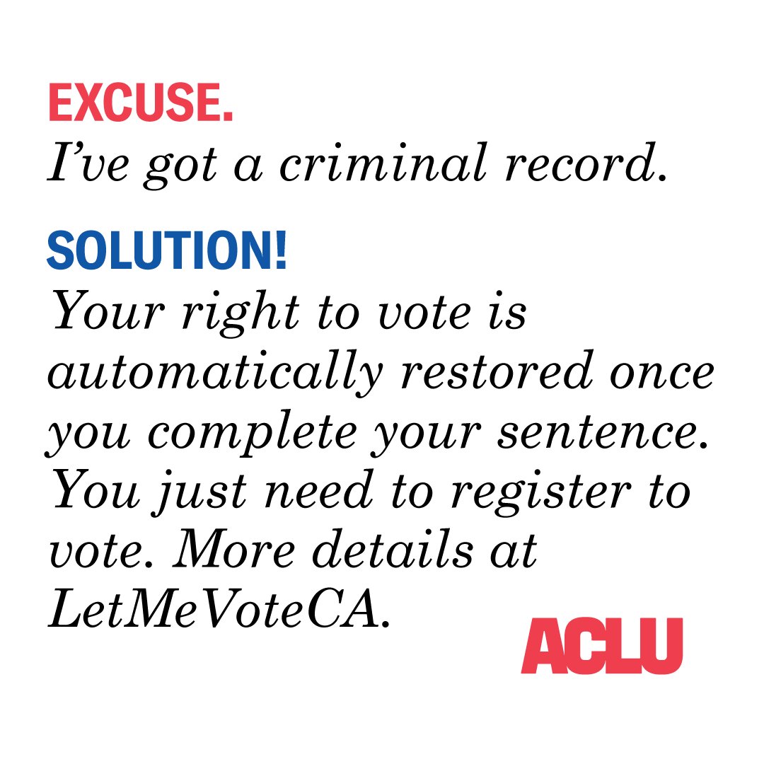 sdicACLU's tweet photo. Many Californians mistakenly believe a criminal conviction keeps them from voting. Politicians bet on that to win elections. Each state is different, but learn more about voting with a conviction in California at https://t.co/5d05Paw5fi #VoteWoke https://t.co/BLBBFlBIQN
